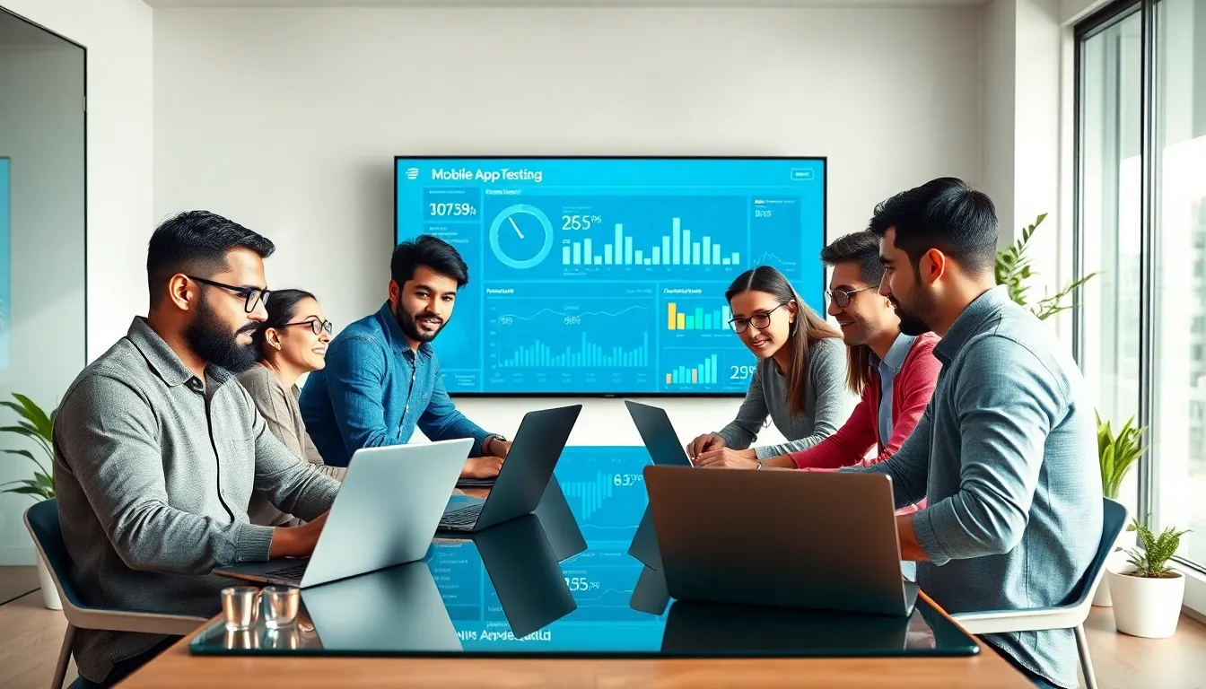 diverse team discussing mobile app testing in a modern office.