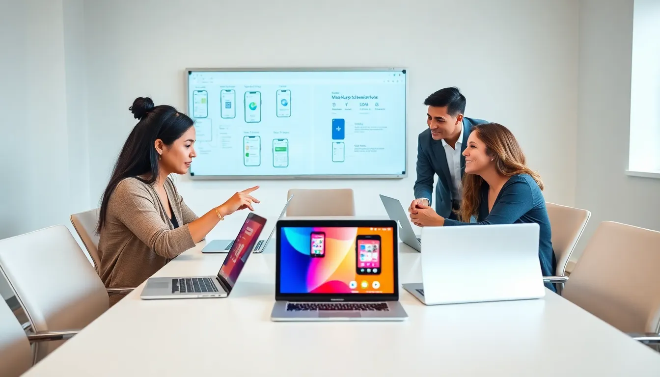 diverse team collaborating on app development in a modern office.