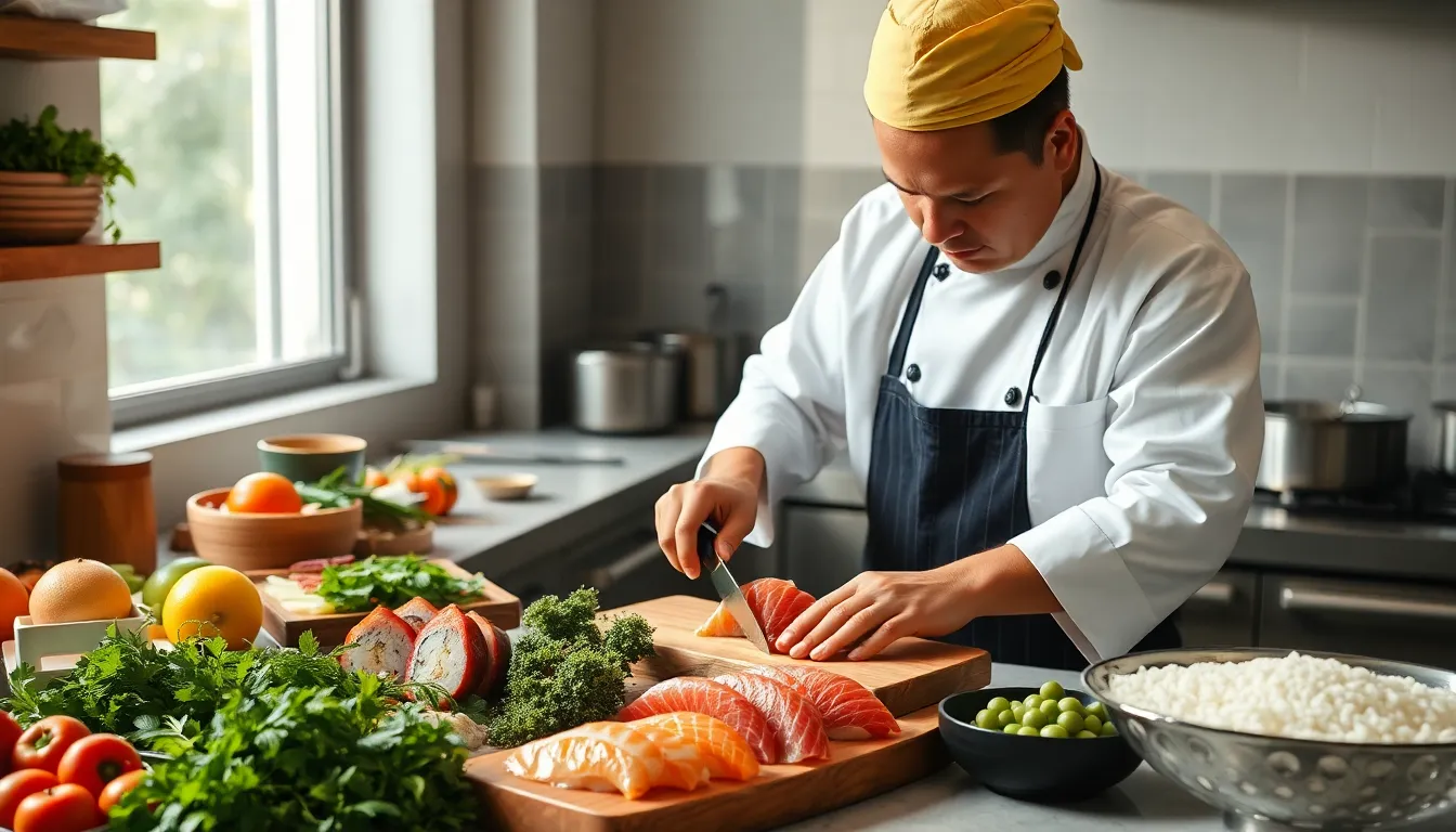 Chef demonstrating Japanese cooking techniques in a modern kitchen.