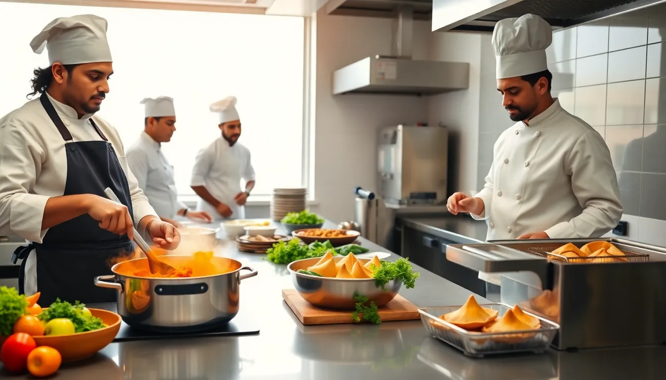 chefs in a modern kitchen preparing Indian dishes.