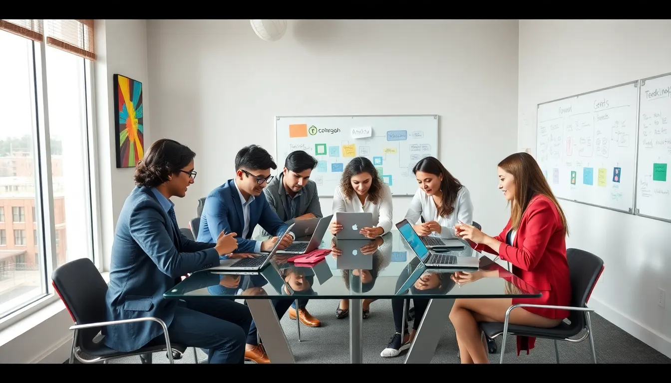 diverse team collaborating on mobile app development in a modern office.