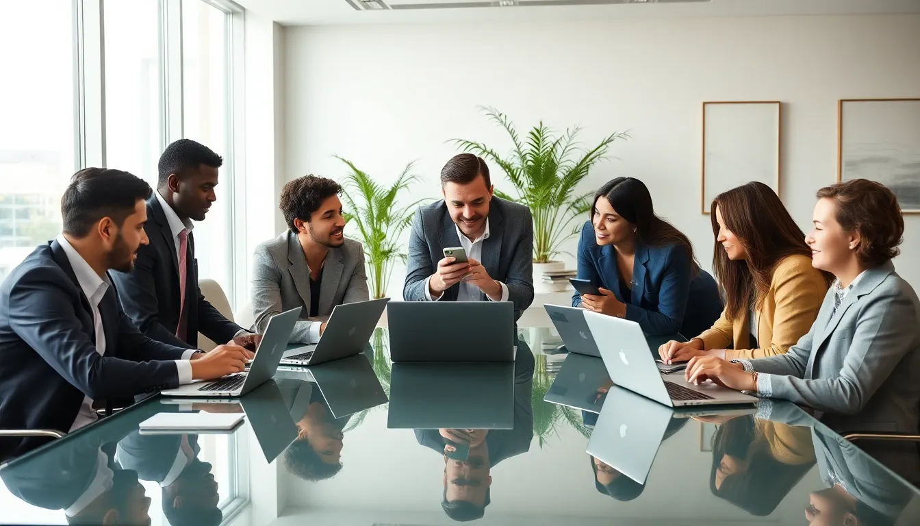 diverse professionals collaborating on mobile app development in a modern office.