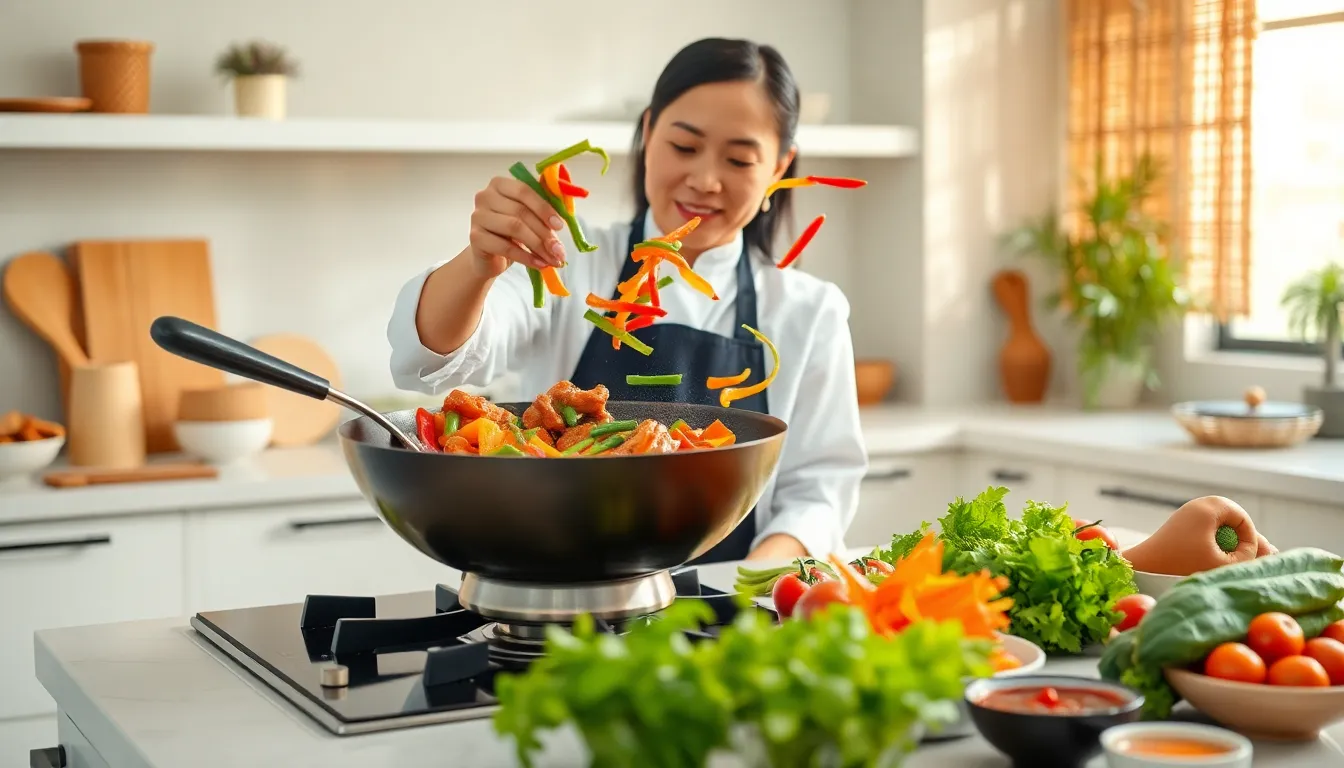 Asian chef cooking in a modern kitchen.