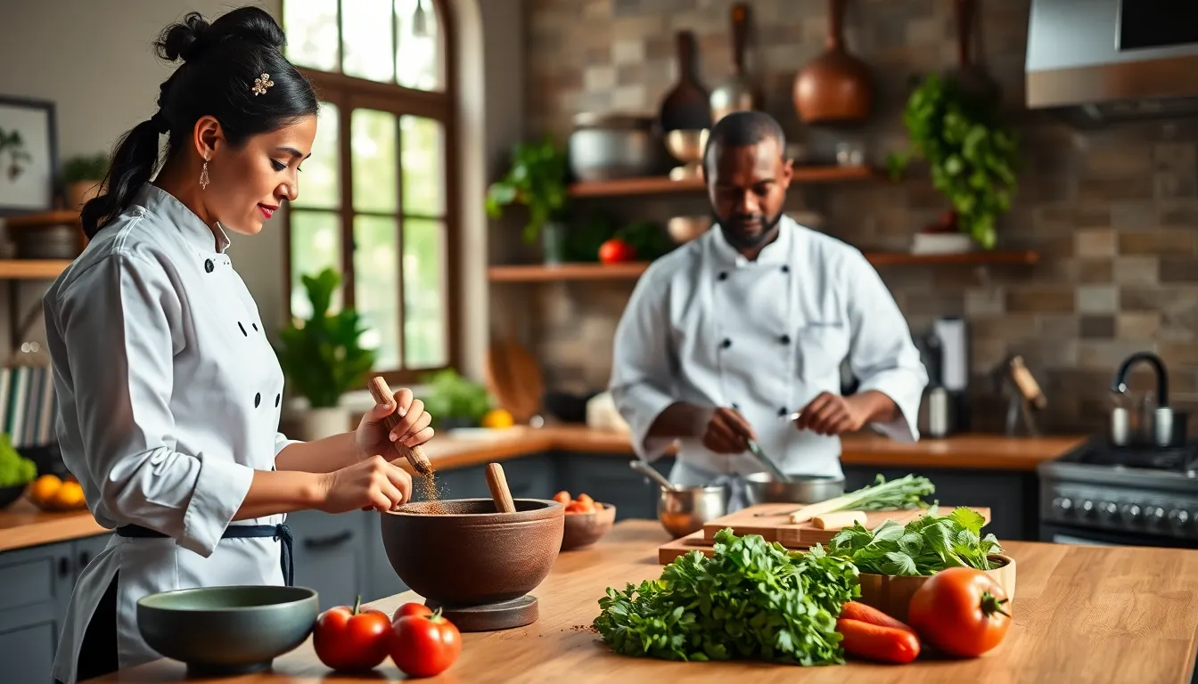 chefs preparing traditional Mexican dishes in a modern kitchen.