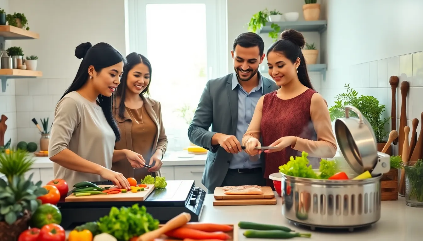 diverse team preparing healthy meals in a modern kitchen.